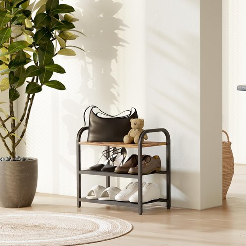 RUNJIMY 3-Tier Shoe Rack, Heavy-Duty Metal Grid, Rustic Wooden Top & Guardrails - for Entryway, Closet, Bathroom (Holds 6 Pairs, Space-Saving)