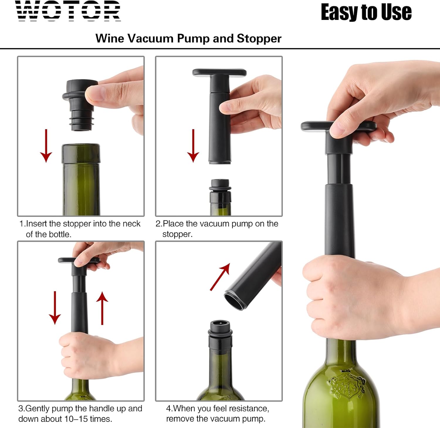WOTOR Wine Saver Vacuum Pump with 20 Stoppers, Wine Stopper & Preserver, Reusable Bottle Sealer Keeps Fresh, Ideal Accessories Gift (Flat Handle) (Pack of 2)