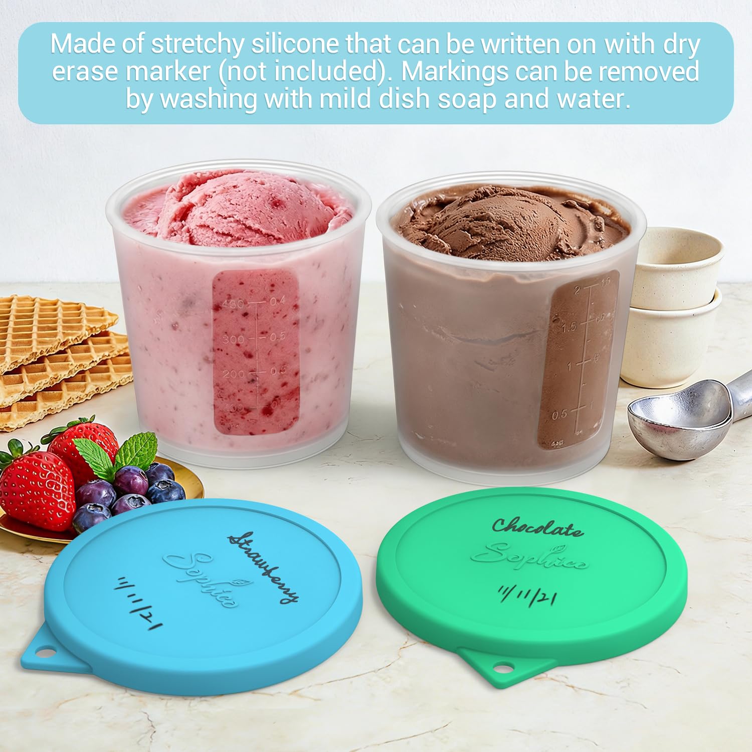 SOPHICO Ice Cream Pint Containers with Silicone Lids, Freezer Food Storage Tubs for Homemade IceCream, Meal Prep, Yogurt and Soup, Airtight & Dishwasher Safe (MEDIUM, 4 Pack)