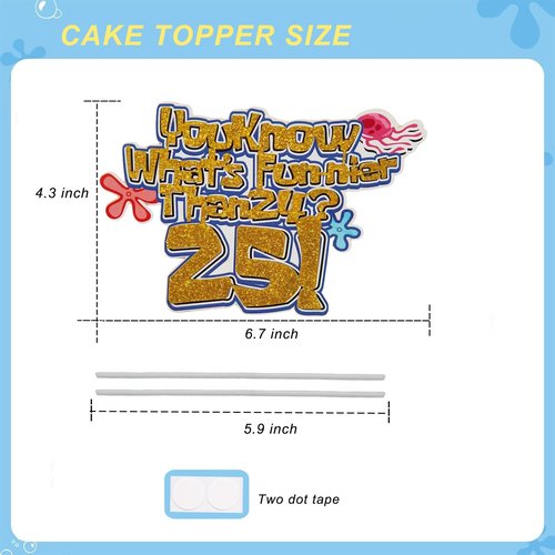 What’s Funnier Than 24? 25! Cake Topper,25th Birthday Cake Decoration, Yellow Sponge Glitter Birthday Party Supplies, 25 Years Later Decor,Cartoon Funny Birthday Cake Pick