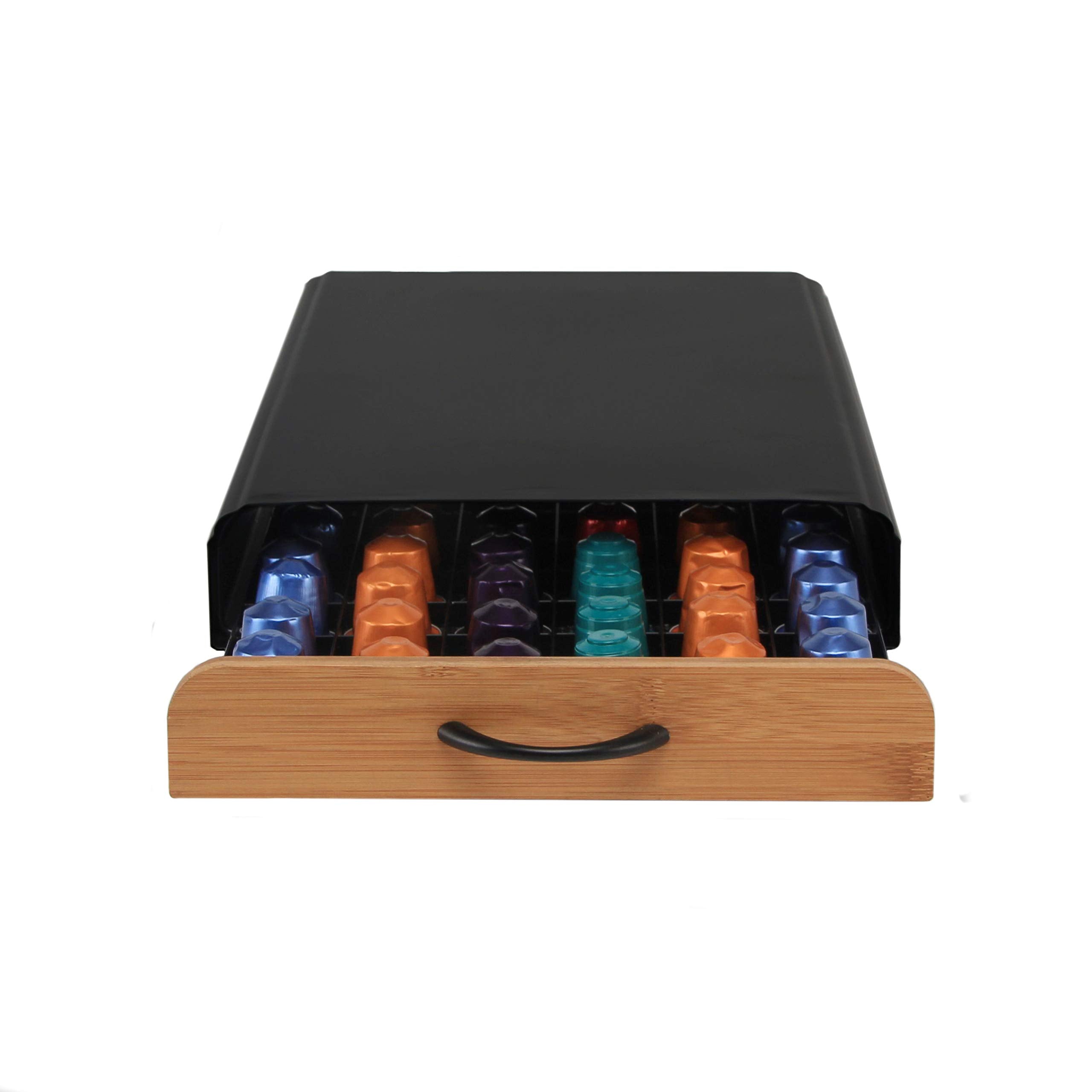 Flagship Coffee Pod Holder for Nespresso Originalline Capsule Holder Drawer Pod Storage Drawer 60 Capacity, Black Metal & Bamboo Coffee Drawer