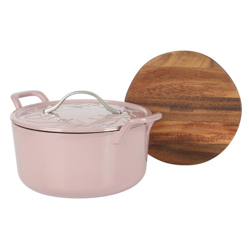 Bloomhouse 7 Qt Cast Iron Dutch Oven W/Embossed Lid, European Enamel, & Walnut Wood Trivet - Orchid Pink