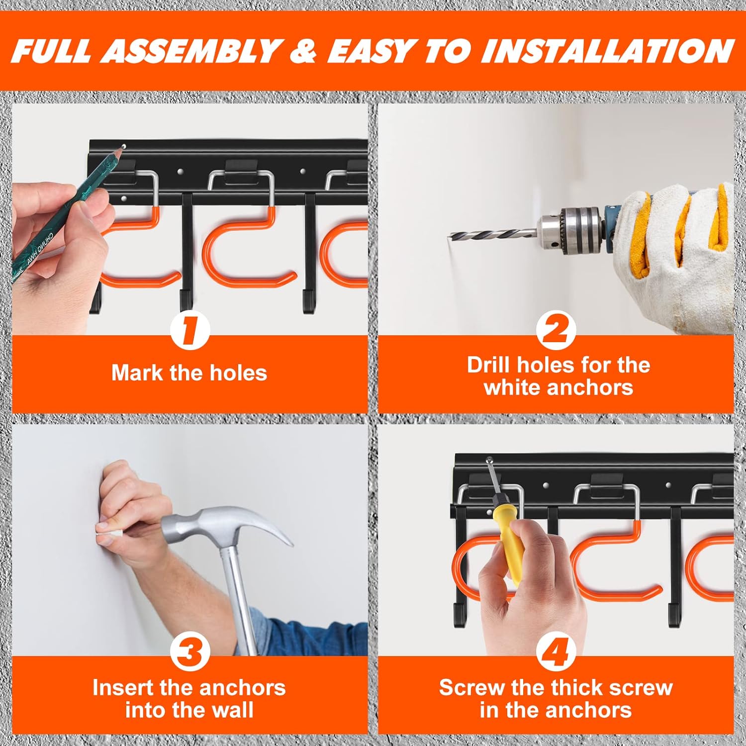 TVKB 17'' Adjustable Metal Garden Tool Organizer - Heavy Duty Wall Mount Storage with Hooks