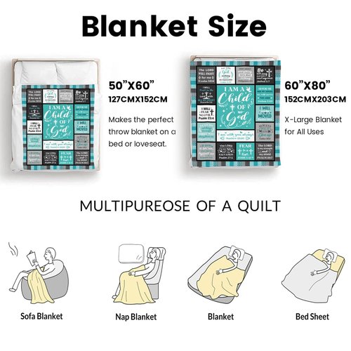 UHANKRU Christian Blanket for Women Faith - Teal Christian Gift - I Am a Child of God Blanket - Inspirational Religious Birthday Gifts for Women, Baptism Gifts for Girl, 60"x50"