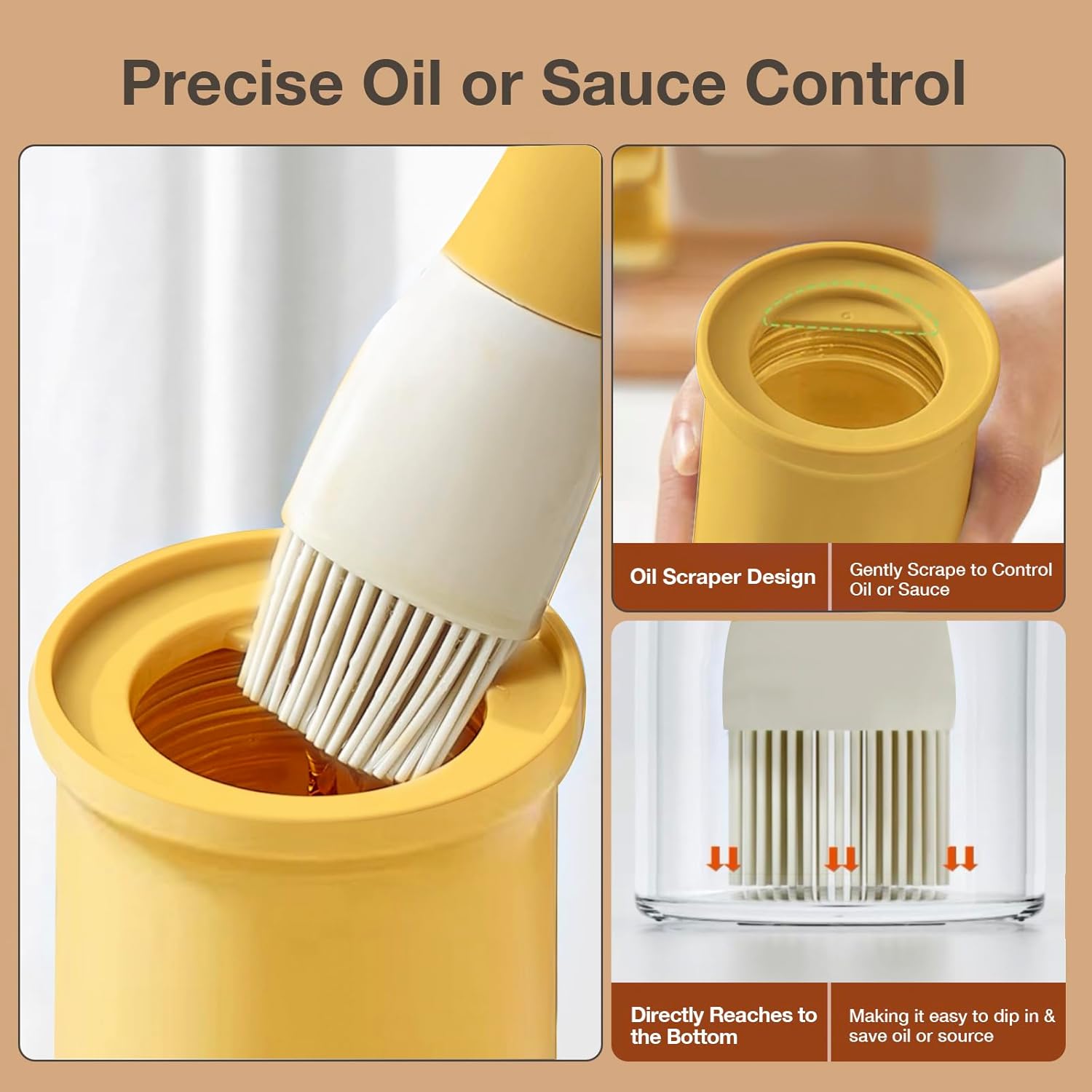 YARRAMATE Oil Dispenser with Brush - 300ml Glass Bottle for Kitchen | Heat Resistant Basting Brush - Orange