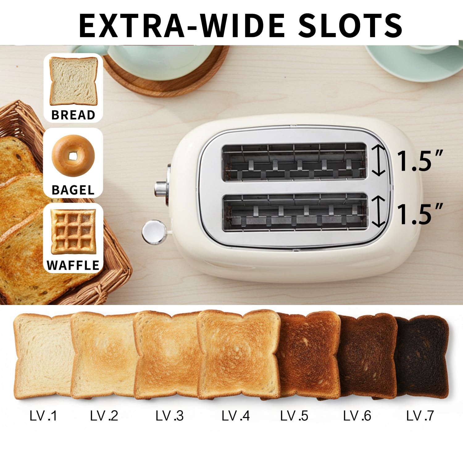 QUAXWELL 2-Slice Toaster, Wide Slots, 7 Bread Shade Settings, Stainless Steel, Bagel, Cancel, and Defrost Functions, Removable Crumb Tray, Retro Style Toaster,Beige