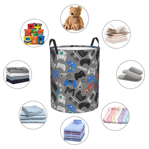 Jbofyee Video Game Grey Background Laundry Hamper Bag With Waterproof Liner - Gaming Theme Round Laundry Basket Foldable Clothes Storage Organizer For Bathroom Bedroom Nursery Dorm, S-16.5"X 13.8"
