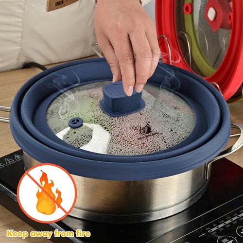 Microwave Splatter Cover Glass Guard Lid with Collapsible Silicone for Food Pot Plate Cover 9.8 inch Dark Blue