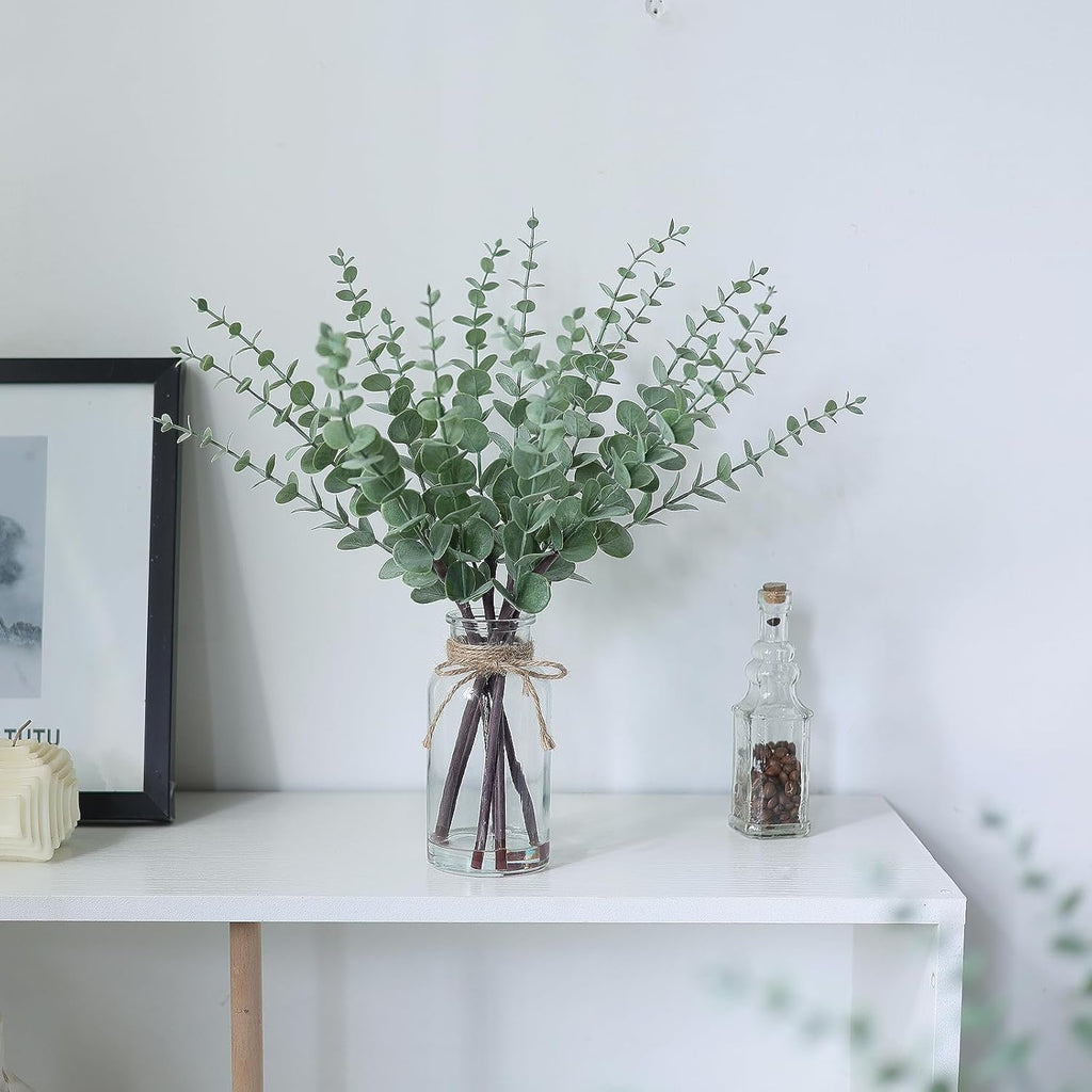 VIERENA Eucalyptus Stems - 17.5" Artificial Plant in Glass Vase with Faux Water | Sage Green Centerpiece Decor
