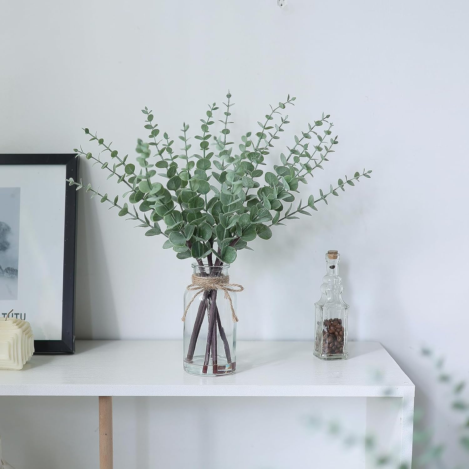 VIERENA Eucalyptus Stems - 17.5" Artificial Plant in Glass Vase with Faux Water | Sage Green Centerpiece Decor