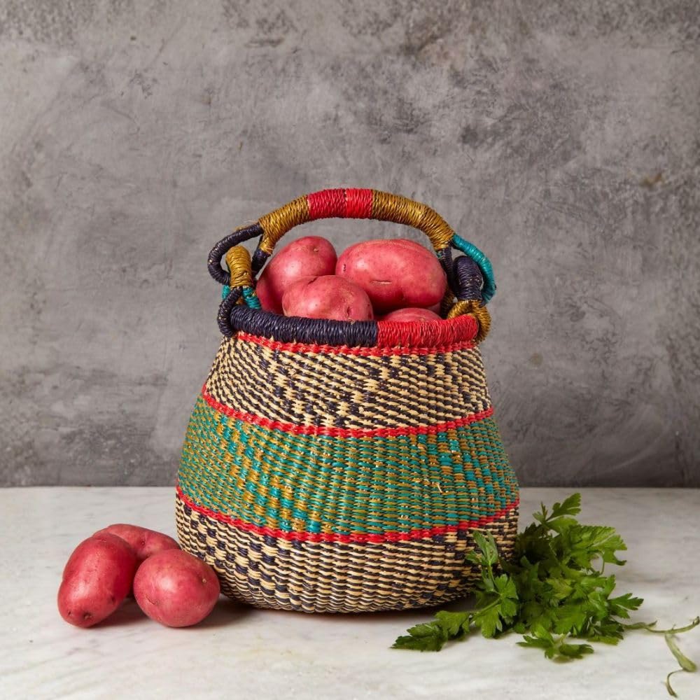 Small Fruit Basket for Kitchen Counter, Boho Pattern in Red, Green and Black, 10 Inch Wide