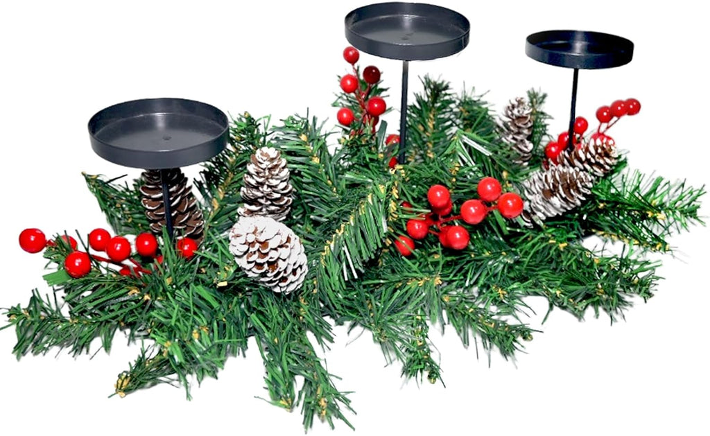 Regine Switzerland Christmas Table Centerpiece - 21.7" Candle Holders with Iron Trays & Red Berries | Holiday Home Decor