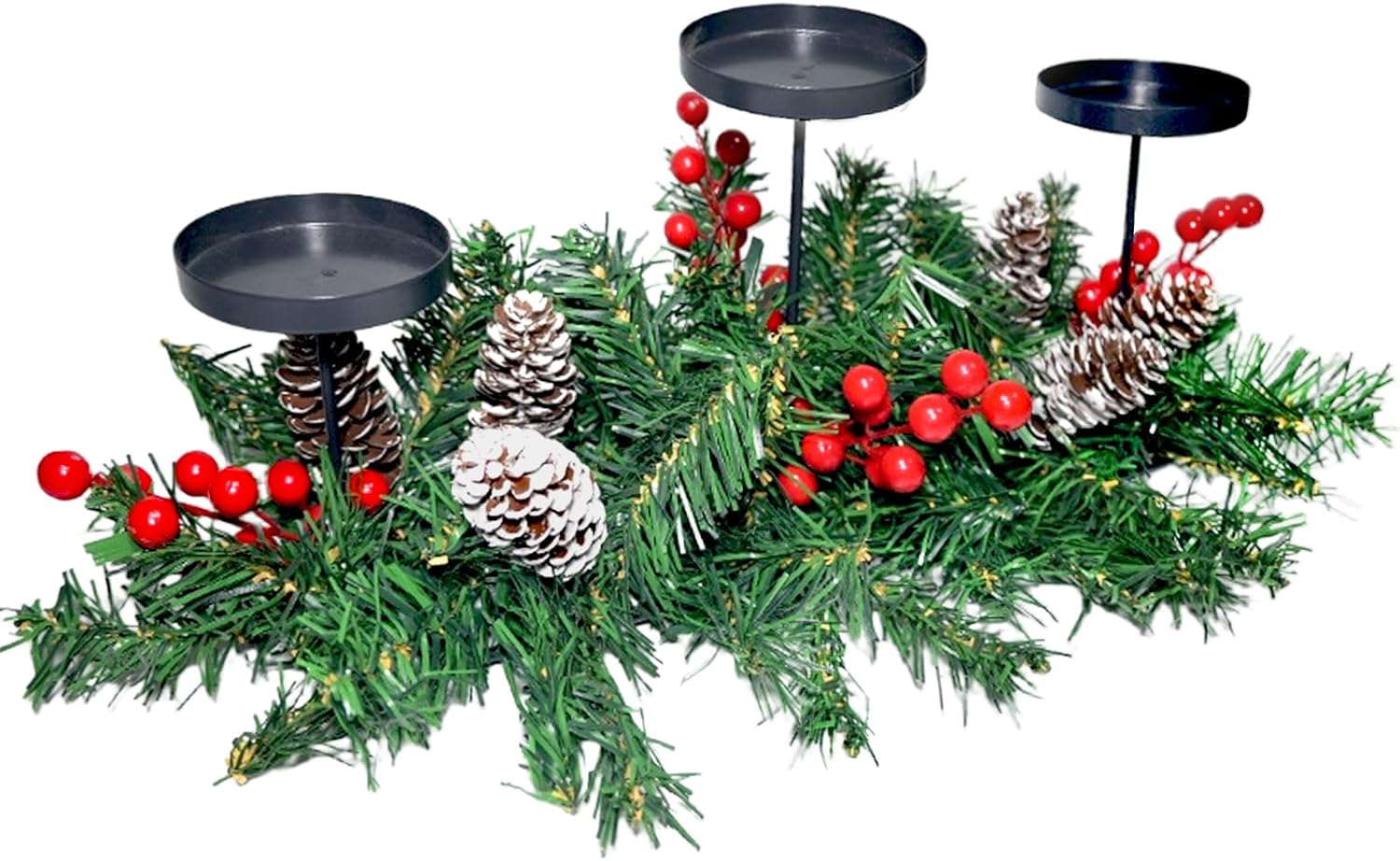 Regine Switzerland Christmas Table Centerpiece - 21.7" Candle Holders with Iron Trays & Red Berries | Holiday Home Decor