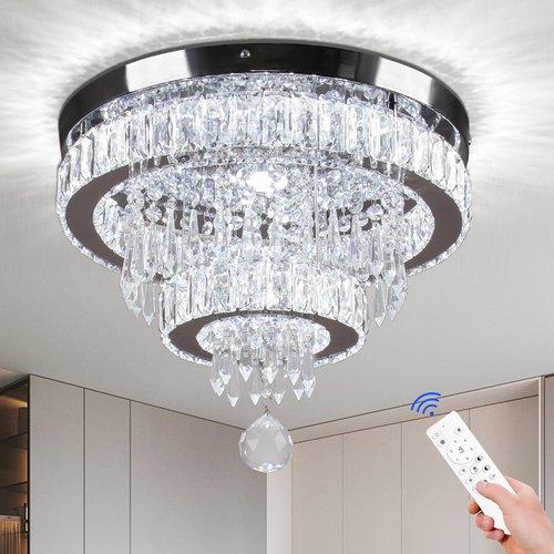 Cainjiazh Crystal Chandeliers Modern Crystal Chandelier Flush Mount Ceiling Light Fixture with Remote Control for Bedroom Dining Room Living Room (16 inch Dimmable)