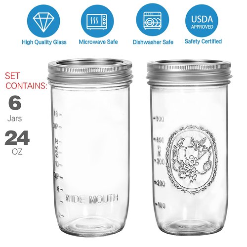 24 oz Wide Mouth Glass Jars - 6 Pack with Airtight Lids and Bands, Ideal for Fermenting, Pickling, Meal Prep, Overnight Oats, Jam, Jelly, and DIY Projects