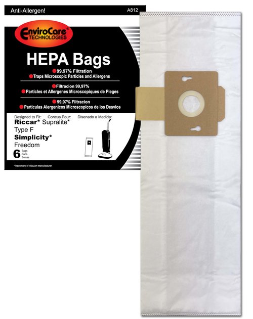 EnviroCare Replacement HEPA Filtration Vacuum Cleaner Dust Bags made to fit Riccar Supralite Type F and Simplicty Freedom Uprights