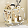 YIWANFW Perfume Organizer for Dresser, 2-Tier Bathroom Counter Organizer, Elegant Makeup Organizer for Vanity, Multi-Purpose Cosmetics Skincare Organizers Countertop (Silver Frame & Cream White Tray)
