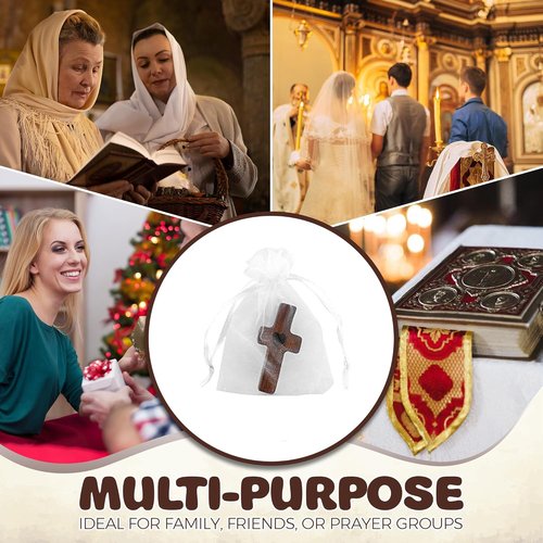 Handmade 10Pcs Wooden Cross Fidget Bulk with Organza Bags - Stress Relief Pocket Cross My Heart for Christian, Pocket Prayer Cross, Religious Easter Day Gifts