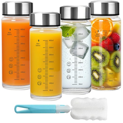 16oz Glass Juice Bottles - 4 Pack Wide Mouth Glass Bottles with Lids- BPA Free, Borosilicate Stainless Steel Lids for Juicing, Smoothies, Infused Water, Beverage Storage