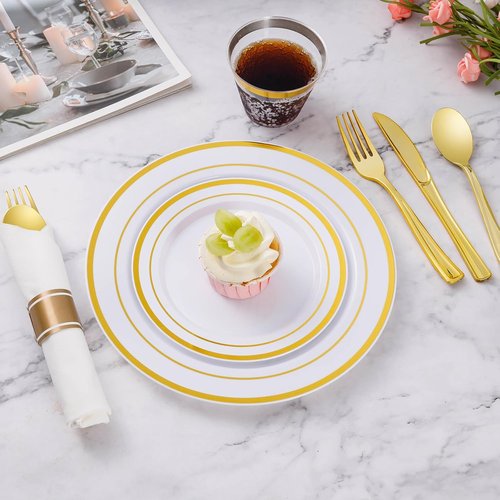 Goodluck 350-Piece Gold Plastic Dinnerware Set - Elegant Disposable Plates for 50 Guests | Includes Plates, Napkins & Silverware