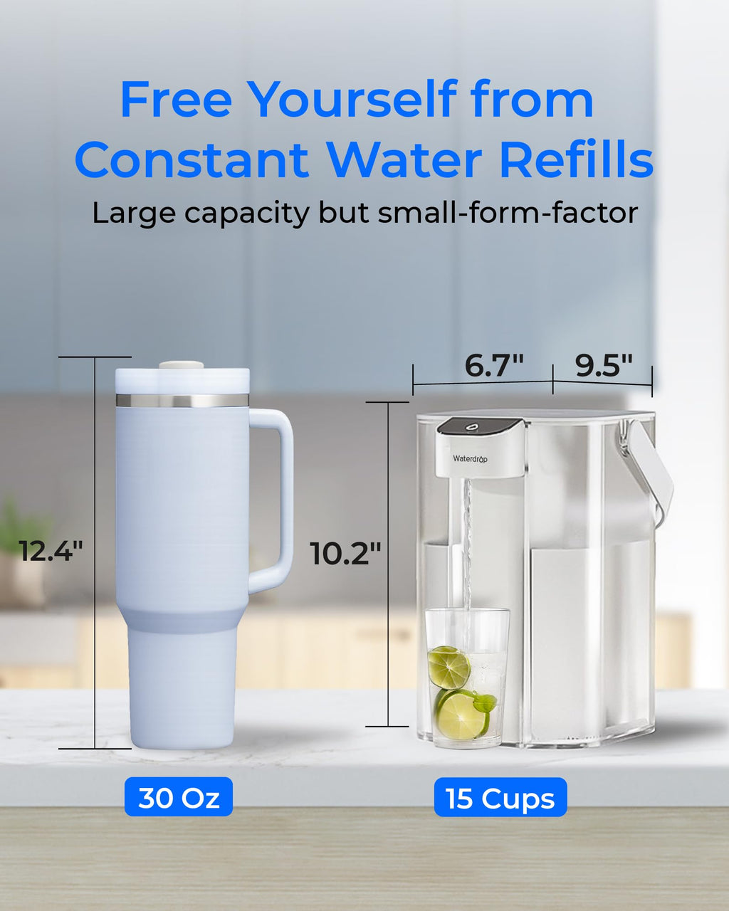 Waterdrop Alkaline Electric Water Filter Pitcher, Rechargeable Water Dispenser, Instant 200-Gallon 15-Cup Countertop Purifier, Reduce PFOA/PFOS, Chlorine, Lead, White, with 1 Filter
