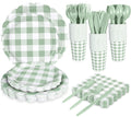175 PCS Sage Green Gingham Plates and Napkins, Green Checkered Disposable Plates Set with Napkins Cups Plastic Spoons Forks Knives for Dinner Birthday Baby Shower Wedding Supplies Serve 25 Guests