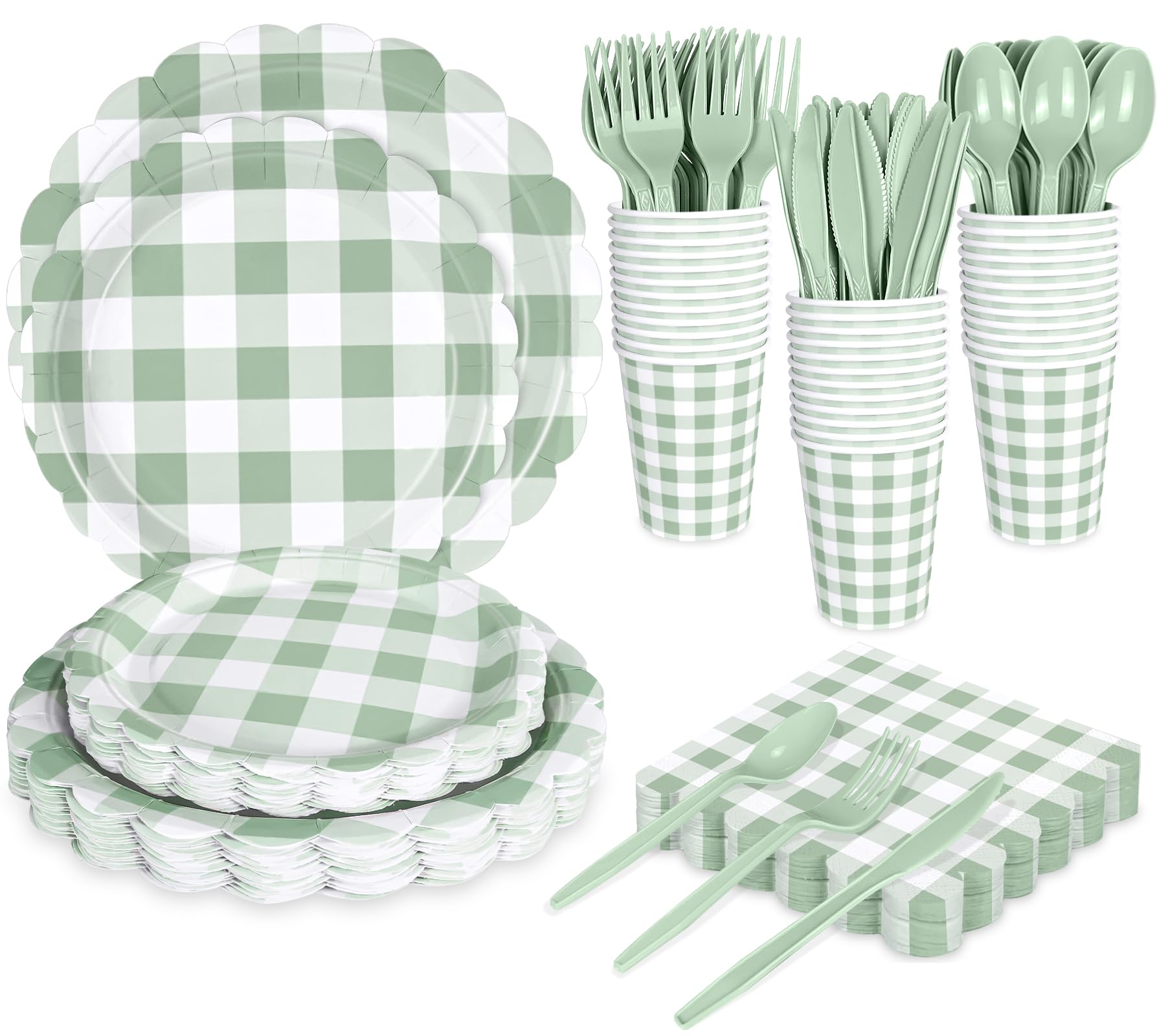 175 PCS Sage Green Gingham Plates and Napkins, Green Checkered Disposable Plates Set with Napkins Cups Plastic Spoons Forks Knives for Dinner Birthday Baby Shower Wedding Supplies Serve 25 Guests