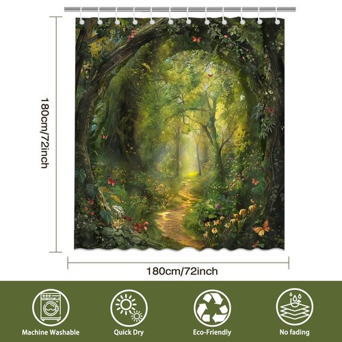 Mocsicka Tree Shower Curtain Spring Nature Garden Enchanted Forest Scene Bathroom Shower Curtain Tree Waterproof Fabric Shower Curtains Bathtub Decor with 12 Hooks 72 X 72 Inch (Green)