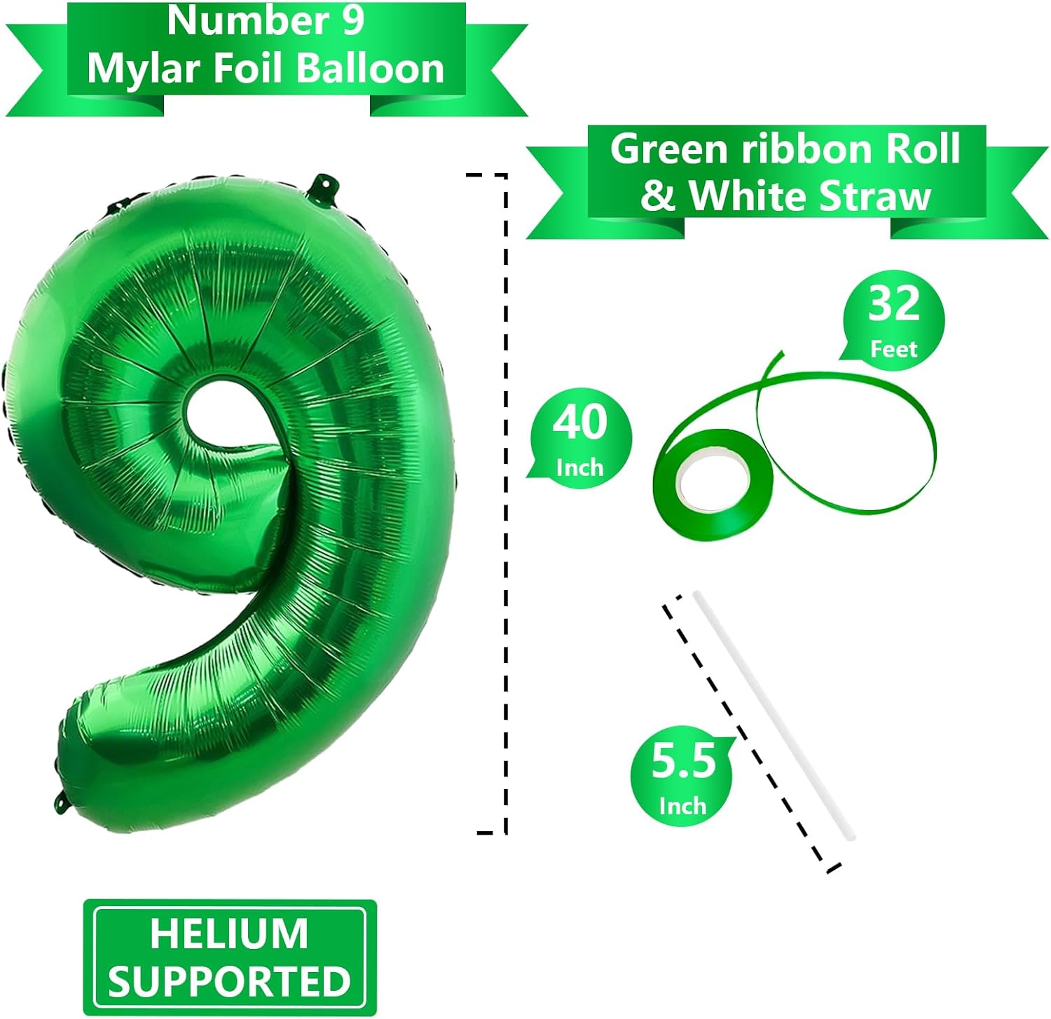 Number Balloons - Giant Green Number 9 Balloon | 40 Inch St. Patrick's Day Birthday Decoration