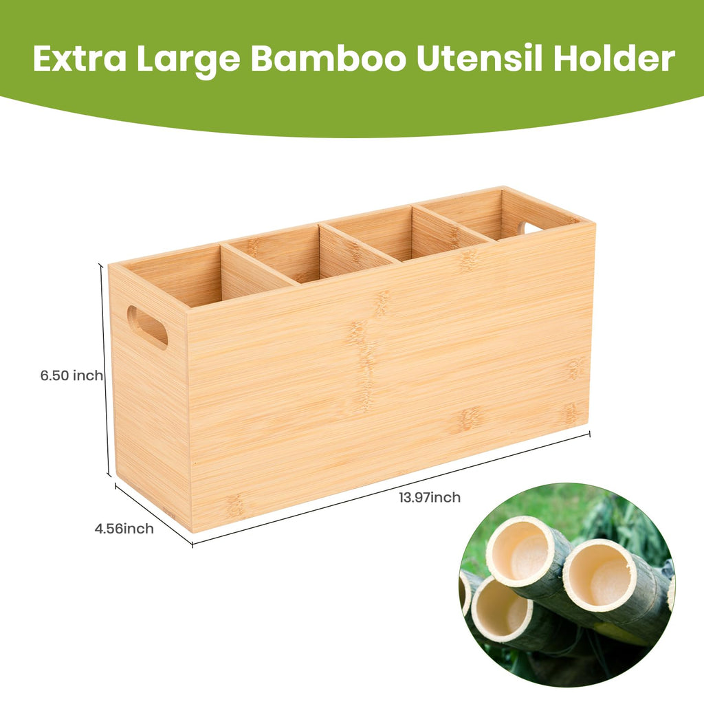 HUCINIUN Extra Large Bamboo Utensil Holder with 4 Compartments, Large Wooden Utensil Holder for Kitchen Counter