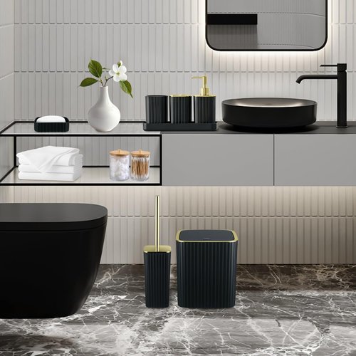 Bathroom Accessories Set-9PC Set with Toilet Brush, Trash Can, Soap Dispenser, Q-Tip Holder | Modern Home Bath Essentials (Black, Bath Set)