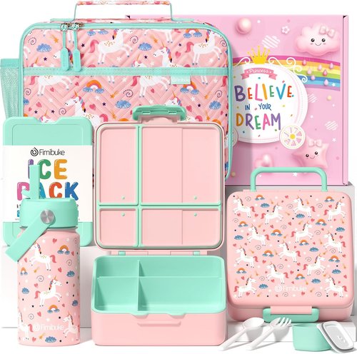 Fimibuke Kids Bento Lunch Box - 4 Compartments with Insulated Bag & Stainless Steel Bottle | Perfect Birthday Gift for Ages 3-12