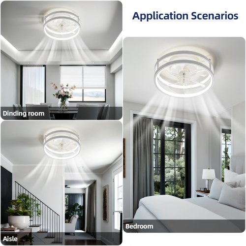 Zoruny 13" Small Ceiling Fans with Lights with Remote Low Profile Flush Mount Modern Fandalier, LED Fan Light, Compact Ceiling Fans Lighting for Bedroom (White 001)