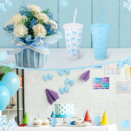 Pickmesh 12 Pcs 24 oz Blue Bow Plastic Cups with Lid and Straw Gift Coquette Bow Birthday Decorations Reusable Party Cups Tumbler Water Bottle Gift for Wedding Bridal Engagement Baby Shower