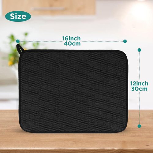 GeeRic Microfiber Dish Drying Mat - Super Absorbent & Reversible Kitchen Pad | 12x16 Inch Black