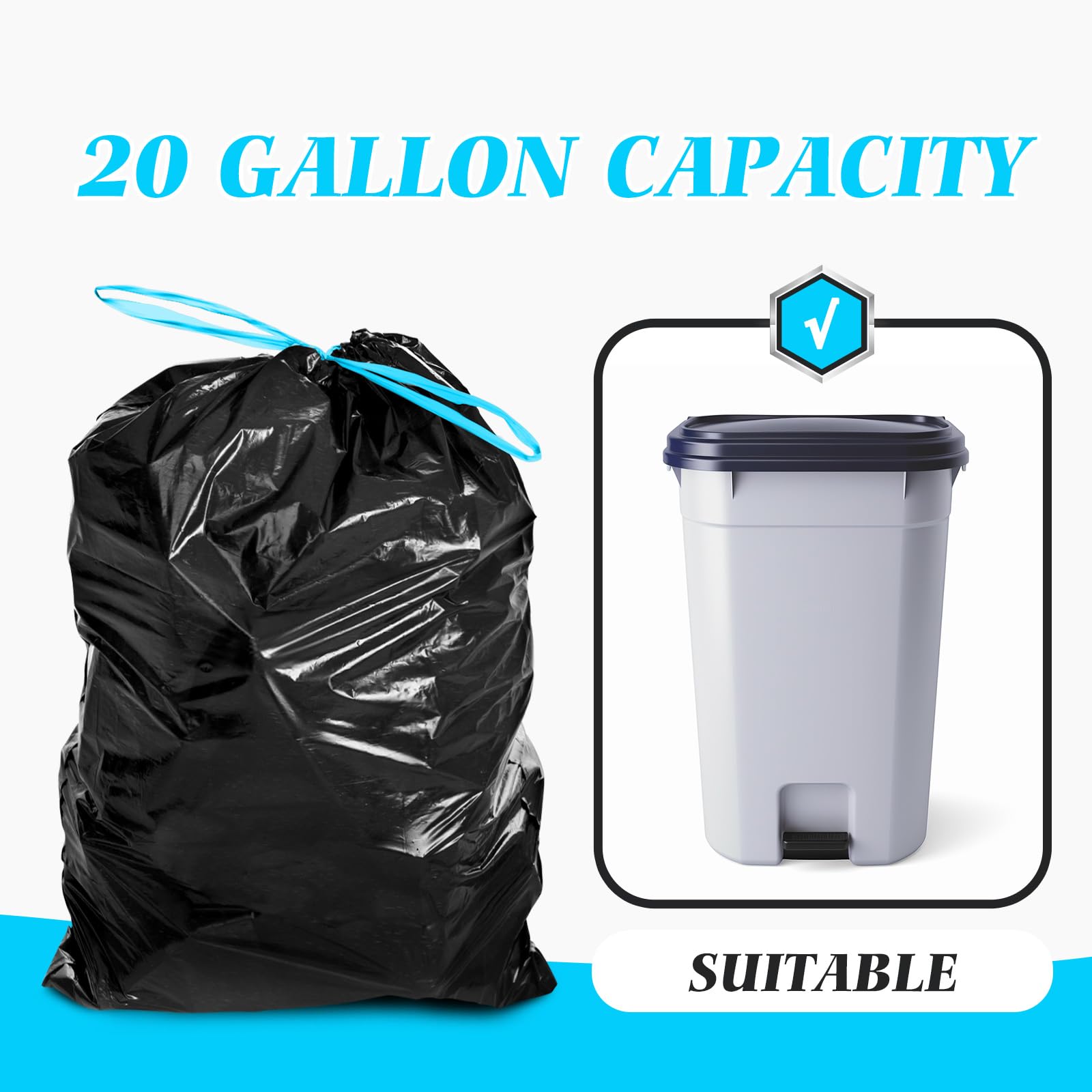 Teivio 20 Gallon 26 Counts Large Drawstring Trash Bags Strong Tall Kitchen Garbage Bags for Home/Office/Light Residential Waste/Outdoor Trash Can, Lawn，Trash Bin liners Black