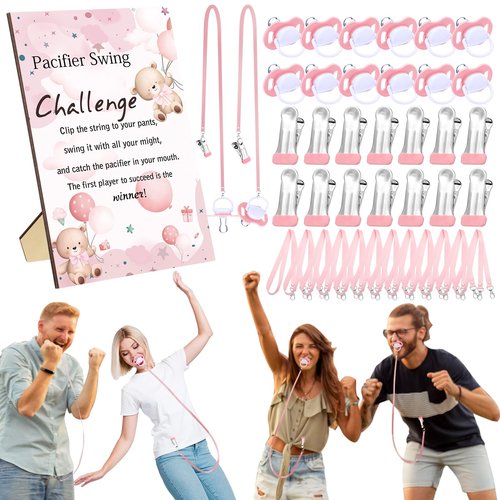 Geelin 12 Sets Swing Pacifier Baby Shower Games Funny Gender Reveal Games, Include 1 Wooden Sign and 12 Plastic Pacifiers for Bridal Baby Shower Gender Reveal Party Women Men(Bear,Pink)