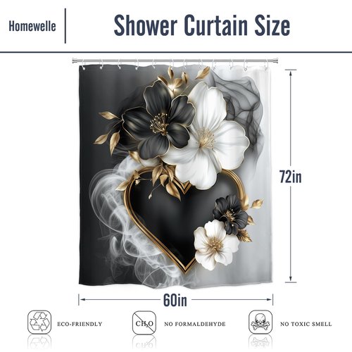 Homewelle Black White Gold Floral Shower Curtain Golden Flower Leaves Modern Luxury Contemporary 60Wx72H Inch Artistic Aesthetic for Women Girls Waterproof Polyester Fabric Bathroom Bathtub