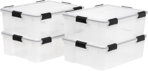 IRIS USA WeatherPro 41 Qt Storage Bins - BPA-Free Plastic with Tight Seal, Stackable & Nestable | Clear/Black, 4 Pack
