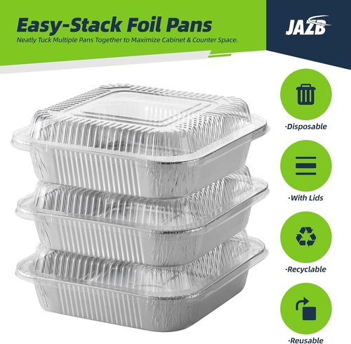 Jazb 8x8 Square Aluminum Foil Pans with Clear Plastic Lids - 40PCS Disposable Baking Pans for Food Storage & Cooking