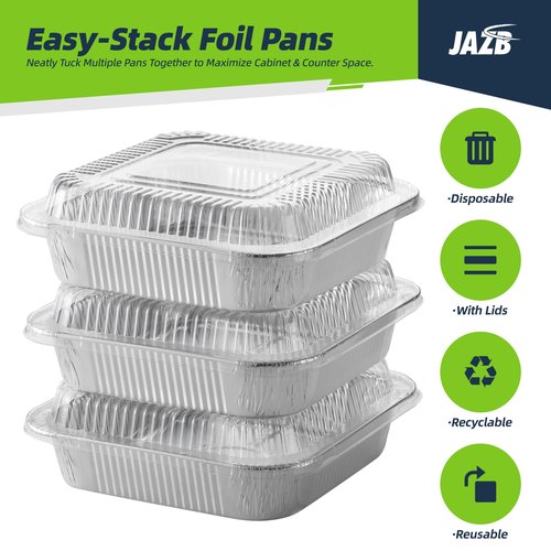Jazb 8x8 Square 40PCS Aluminum Foil Pans with Clear Plastic Lids - Foil Pans with Lids - Disposable Baking Pans for Storing, Prepping Food, Cooking