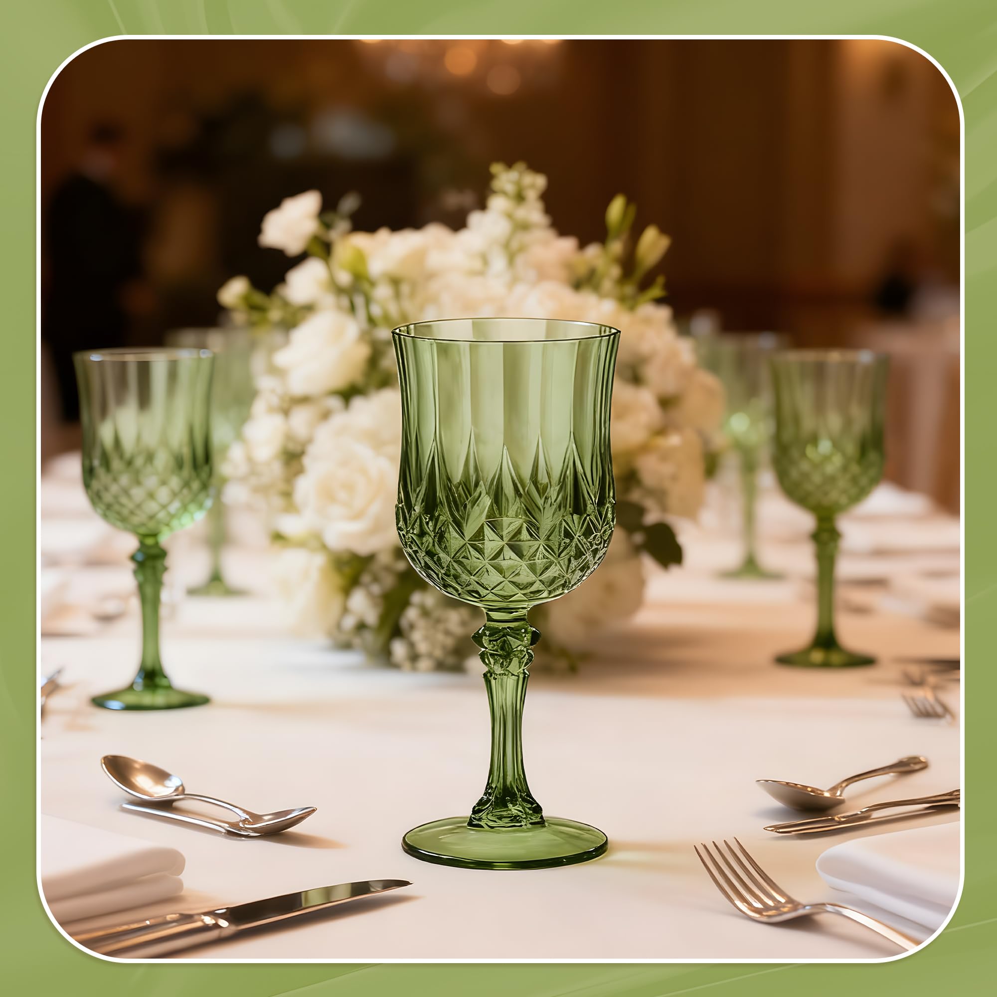 HTTBEIZI 7OZ Plastic Wine Glasses, Reusable Vintage Goblets Unbreakable Drinking Glasses Crystal Water Cups Champagne for Wedding, Parties (48, Light Green)