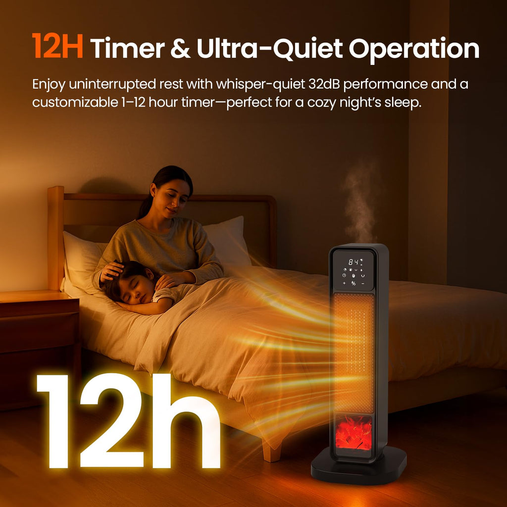 Space Heater Indoor, 1500W Electric Warm Air Blower with 3D Flame& 70° Oscillation Portable Indoor Ceramic Warmer for Bedroom & Office