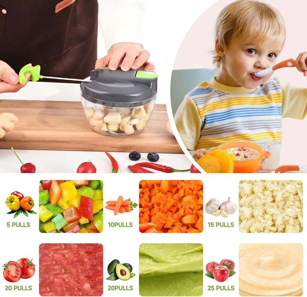 Skiennix Manual Food Processor - Portable Hand-Pull Vegetable Chopper | 500ml Gray-Green Mincer for Garlic, Onions & More