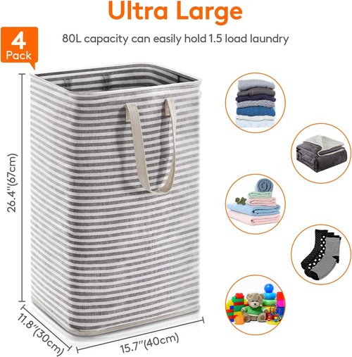Lifewit 4-Pack Laundry Basket - 80L Each Collapsible Hamper with Waterproof Design | Black