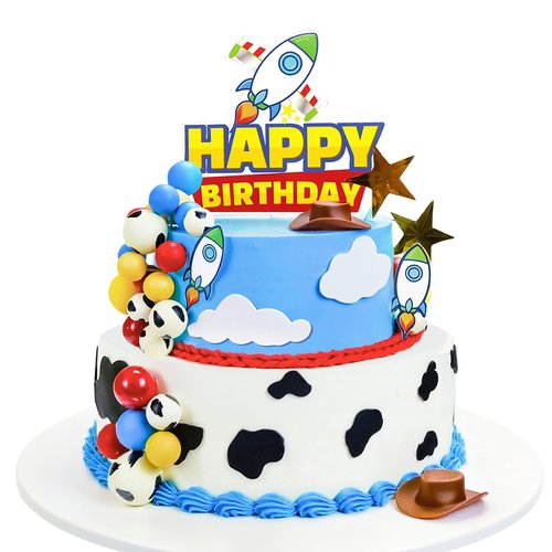 57Pcs Cartoon Story Birthday Cake Toppers Infinity and Beyond Blue Sky White Cloud Cow Print Cake Topper Toy Theme Party Decoration
