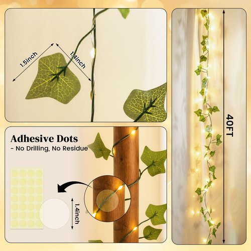 DomeStar Vines with Light for Bedroom, 40Ft 120 LED Fairy Lights with Vines, Curtain String Lights with Remote for Dorm, Wedding, Party, Wall, Indoor, Outdoor Holiday Home Decor