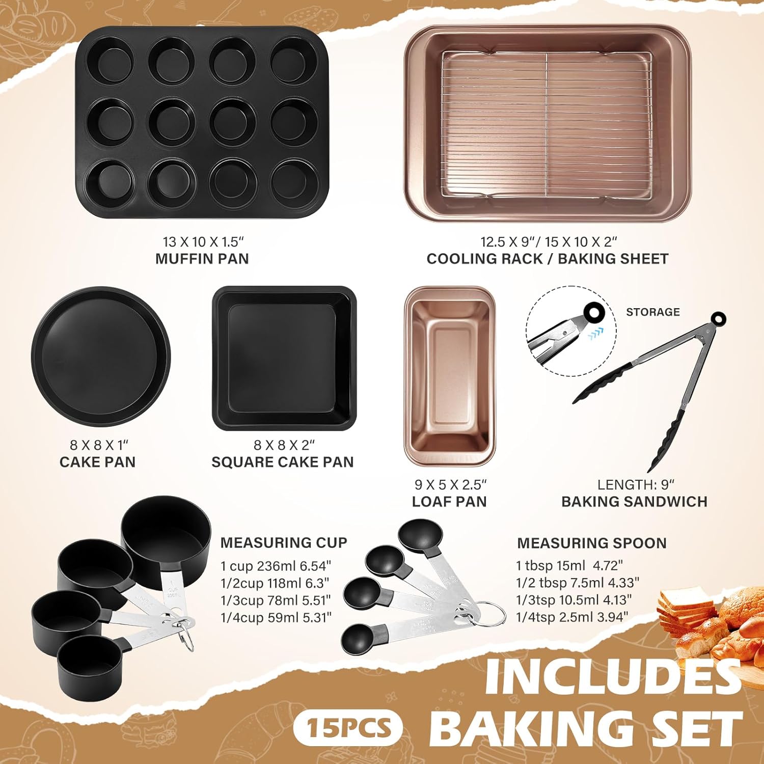 Skiennix Nonstick Bakeware Set - 15-Piece Baking Pan Set with Cooling Rack & Accessories - Oven Safe Metal
