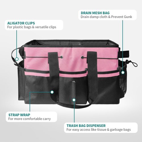 BOHEMIABY Cleaning Bags for Housekeepers, Large Cleaning Supplies Organizer with Handles & Shoulder Strap, Cleaning Caddy Bag with Foldable Divider for Cleaners, Car Horse Cleaning Bag(Pink)