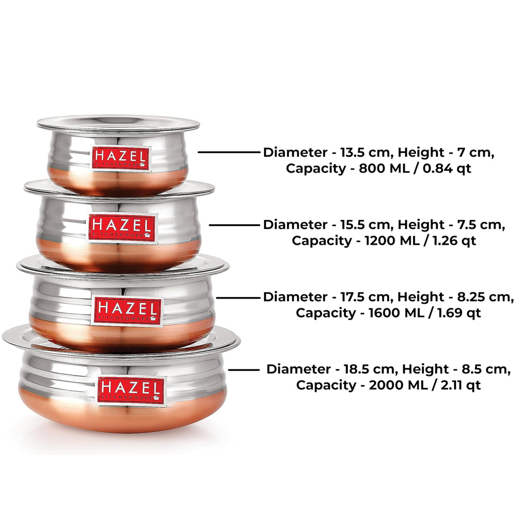 HAZEL Stainless Steel Copper Bottom Pot Handi with Lid | Urli Vessel Cooking Stainless Steel | Serving Tope Handi | Serveware set of 5 (600 ml, 900 ml, 1200 ml, 1500 ml, 1800 ml) | 3 Months Warrenty